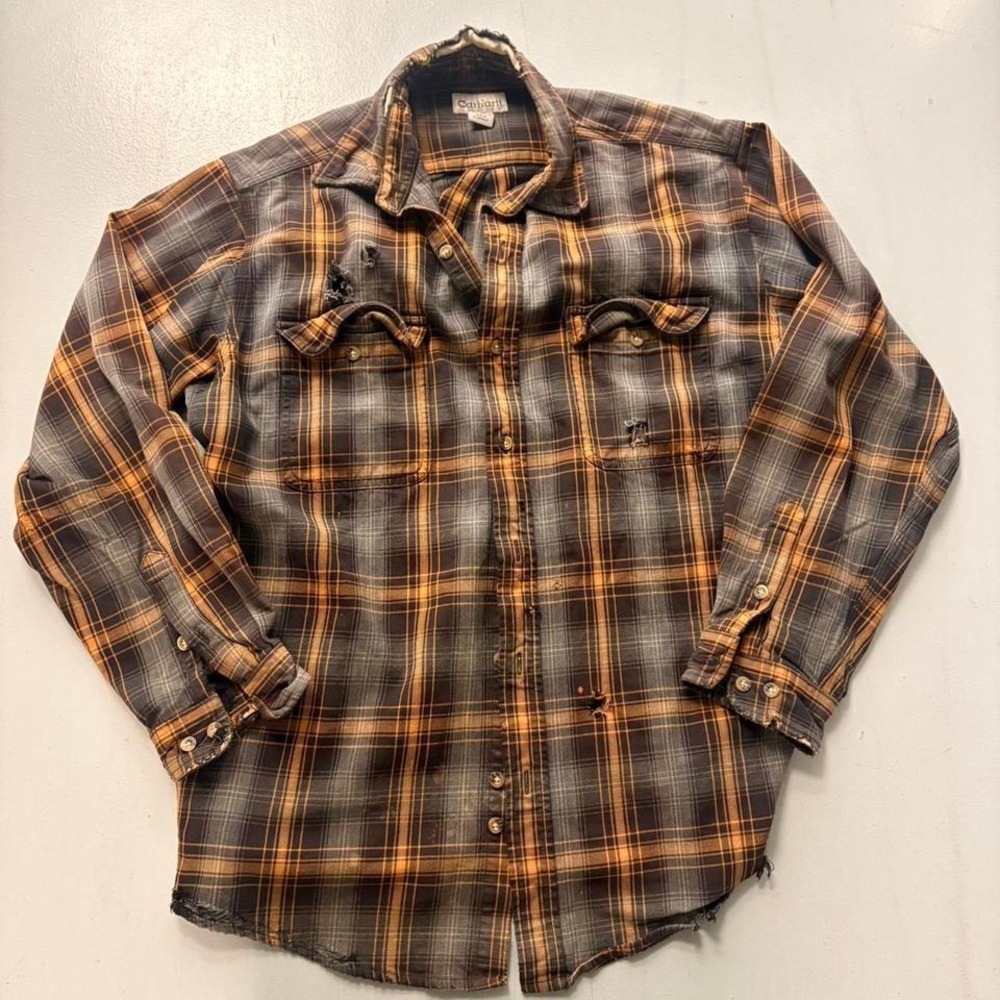 Heavily Distressed Carhartt Plaid Flannel Shirt - Size L